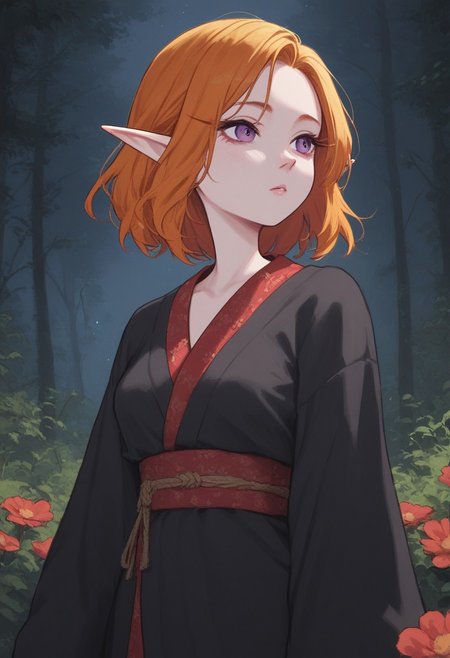 score_9, score_8_up, score_7_up, extremely detailed, 1girl, elf, pale skin, cute face, violet eyes, medium length hair, two-tone hair, blonde hair, ginger hair, medium breasts, wearing a loose black kimono with red trim and red floral pattern, standing in a forest, night, moonlight