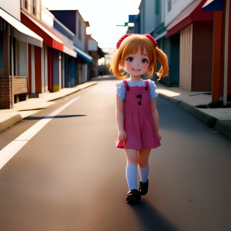 cute little  girl walking in the street of a small town, smile, masterpiece, 4k,  sharp focus,