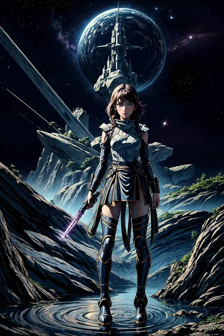 (young (Argentine) space adventurer:1.2) woman,  dutch braid titian hair, close-up portrait, (standing), full body, Reflex Blue (laser:0.8) saber, laser gun, legs, loincloth, space boots, Watermelon  space adventurer clothes,  flower in hair, ball earrings, necklace, glossy lipstick, (happy) (smile:0.7), pretty beautiful, feminine, (nice lovely,adorable cute:0.8), sexy, (in love romantic loving:0.8), (beautiful space fantasy scifi futuristic landscape:0.9), (very detailed:1.2), (best quality:1.2), (space planet:0.9), (sharp focus:1.2), (big rocks:0.9), (water ripples) reflections, spatial futuristic castle, (small river pond:0.8), space forest, (space village:1.2), (stunning nature aquatic environment:0.8), space ship, (unknown exotic land:0.9), nice (alien civilization):0.8, bright (sunny sky), high contrast, cinematic lights, backlight, shadows, (lens flare:0.4), (vibrant colors, colorful):0.7, (Light Zerg Purple flowers:0.9) and leaves, <lora:Detail Tweaker LoRA add_detail:0.8><lora:depth_of_field_slider_v1:5>  <lora:SDXLrender_v2.0:0.9> <lora:1970RetroFuturism:0.3> 1970retrofuturism