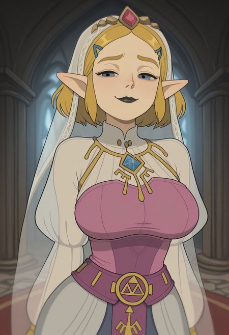 W411,   masterpiece, best quality, solo,                                                                        princess zelda, blonde, veil over, black lipstick, smug, blue eyes, faceshot, large breasts, see through, fantasy palace background,