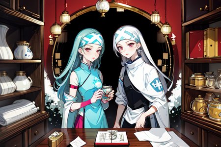 highly insanely detailed, masterpiece, top quality, best quality, highres, 4k, 8k, RAW photo, (very aesthetic, beautiful and aesthetic),  
beth_\(megami_tensei\),bethsmtii,shin megami tensei ii,long hair,black hair,straight hair,sleek black,jewelry,cross,headband,red_lipstick,bandana_with_messian_symbol,Religious_bandana,symbol_headband,messian_church_bandana,messian_cross_earrings,cross_earrings,religious_earrings,messian_symbol_jewelry,white cape,cape_with_messian_symbol,Religious_cape,messian_symbol_cape,holy_knight_cape,Tokyo_Millennium,post-apocalyptic_city,dystopian_world,Arcadia,Utopian_district,demon-free_zone,false_paradise,Great_Cataclysm,World_ending_event,apocalyptic_disaster,city_rebirt, 
<lora:zs_Beth:0.8>, 
(1girl:1.3), 1other, 
Traditional Chinese Medicine,cupping_therapy,suction_cups,skin_marks,meridian_chart,body_map,energy_paths,acupuncture,thin_needles,meridian_points,moxibustion,burning_moxa,herbal_tea,medicinal_tea,traditional_brew,herbal_medicine,medicinal_plants,dried_herbs,herbal_dispensary,herb_cabinets,medicinal_drawers,chinese_medicine_cabinet,health_benefits,yin_yang,pickling,traditional_chinese_philosophy,traditional_chinese_concept,dualism,traditional_medicine_clinic,chinese_apothecary,treatment_rooms,hanging scroll,incense burner,pestle,mantle clock,balance_symbol,spice,traditional_healing,traditional_decor,âââ