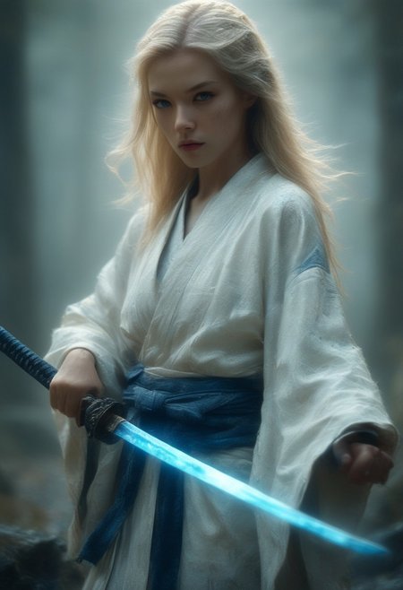 score_9, score_8_up, score_7_up, score_6_up, woman, pale skin, shoulder length hair, straight blonde hair, blue eyes, thin lips, slender, athletic, thick thighs, holds a katana in his left hand, ripped white kimono, graveyard background, night time, cinematic lighting, highly detailed background, high quality photography, masterpiece, high resolution, cinematic photo, DarkAtmosCE