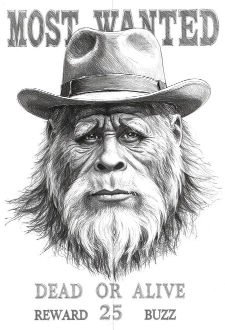 MOST WANTED poster with a highly detailed, black-and-white drawing of the aged outlaw HarryBigfoot gunslinger as a bandit of the old west, rendered in a semi-realistic, high-contrast style on smokey paper.
The drawing is done in a realistic style, with intricate cross-hatching and shading techniques that convey texture and depth. HarryBigfoot has a stern look on his scarred and rugged face, and he wears a bowler hat that casts a shadow over his forehead. Text on the bottom say ”REWARD 25 BUZZ”. The overall style and execution of the drawing evoke a sense of realism and historical accuracy, reminiscent of 19th-century american western frontier wanted poster. ”DEAD OR ALIVE”