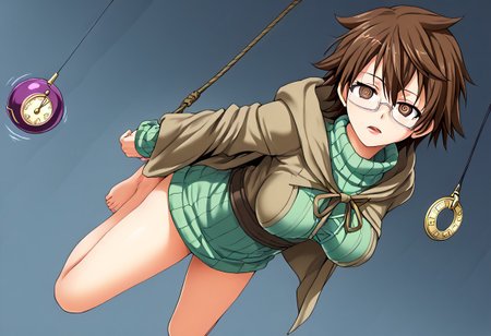Aussa hypnotized while restrained,
score_9, anime, 1girl, lewd, smooth, 
mind control, hypnosis, @_@, pendulum, looking at pendulum, (pendulum in front of face), slack jaw,
suspended, bound arms, bound feet, (off the ground), horizontal,
aussa(yugioh), duel monster, brown hair, brown eyes, glasses, hair between eyes, ribbed sweater, turtleneck, green sweater, cloak, robe,