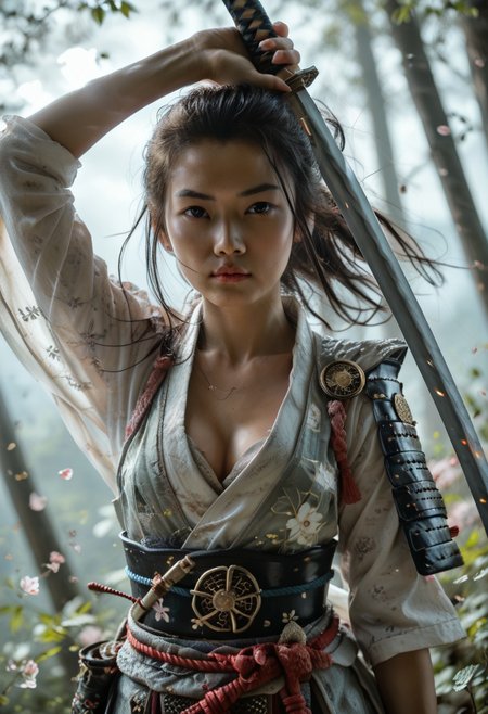 score_9, score_8_up, score_7_up, score_6_up, score_5_up, score_4_up, zPDXL3, zPDXLrl, beautiful cute samurai girl with sleek black hair, bandana, Asian, Japanese, oriental, cute face, intricate, ponytail, close up, <lora:PerfectEyesXL:0.85>, perfecteyes, brown eyes, disciplined, highly detailed, katana sword, arm up unsheathing sword, sword gleaming in the sunlight, lens flare, samurai detailed armour, Japanese style, small breasts, (cleavage), feudal Japan, sashimono, shogun, honourable, ((cherry blossoms:0.4)), perfect blossom, windswept, masterpiece, sunrise lighting, finely detailed focused eyes, HDR, 4k, hyper-realistic, high definition, realistic skin, skin pores, detailed skin, deep skin, ((portrait photography:1.1)), close up photography, <lora:zy_Realism_Enhancer_v1:0.6>