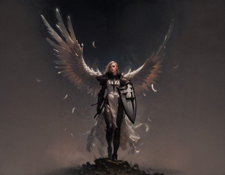 score_9, score_8_up, score_7_up, score_6_up, score_5_up, score_4_up,  masterpiece, high quality, full body, angel wings, large feather wings, solo, crsadr, knight, pauldrons, full armor, long hair, gauntlets, holding shield, shield on the ground, pelvic curtain, braid, side cut, panoramic, white fabric, (simple background, black background:1.2)