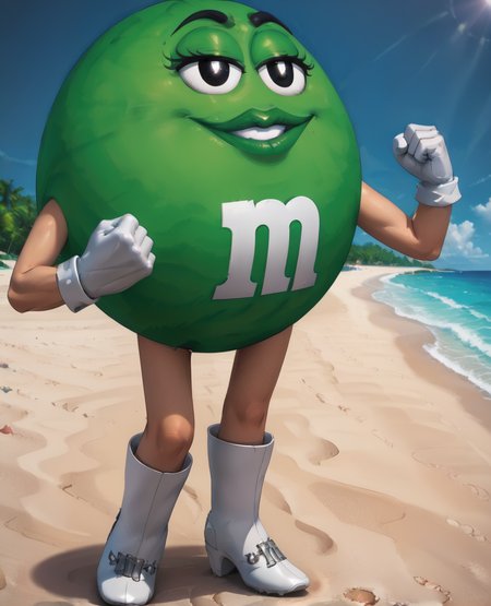 msgreen,white gloves, black eyes, smile, clenched hands, 
standing, boots,
beach resort,morning,
<lora:MsGreen:1>,