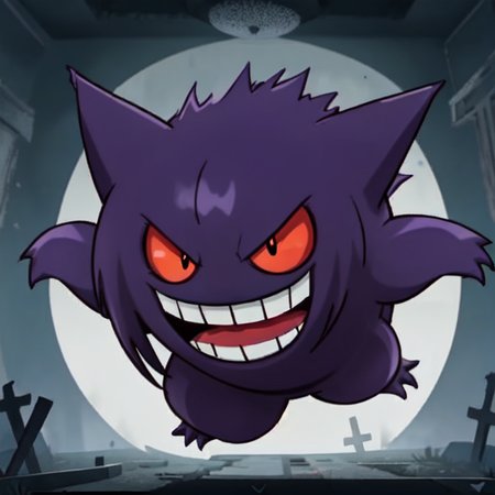 pokemon, gengar, ghost, poison, quadrupedal, creature, purple fur, (round body:1.2), short legs, toothy grin, (pointed ears:0.9), small teeth, upper jaw, fang-like, lower jaw, red eyes, yellow pupils, short tail, levitate, float, silently, ghost-type, versatile, wild, lurk, dark, abandoned places, graveyards, mischievous, shadows, appearance, fears, desires, manipulate, powerful, mysterious, unique abilities, mischievous personality, formidable, levitate, hide, shadows, attacks  <lora:Pokemon Gengar:0.65>
<lora:gender_slider_v1:6>