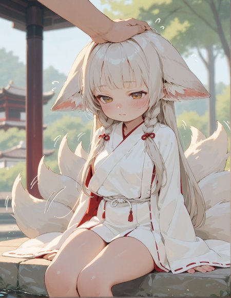 spot color, long hair, blush, sitting,  fox ears, fox tail,  multiple tails, (tail wagging), side braids, ears down, ear wiggle, miko dress, headpat, lineart, large breasts