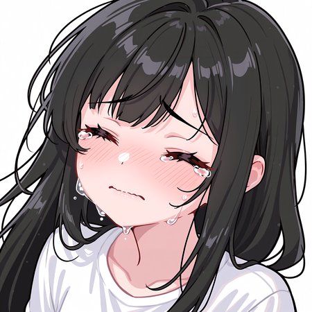 masterpiece,best quality,amazing quality, BREAK, 1girl, black hair, long hair. white shirt, tears, cry, closed eyes, white background, <lora:SorakaLoLLXL:1>, (solo), upper body, EmoteStyleILXL <lora:EmoteStyleILXL:1>