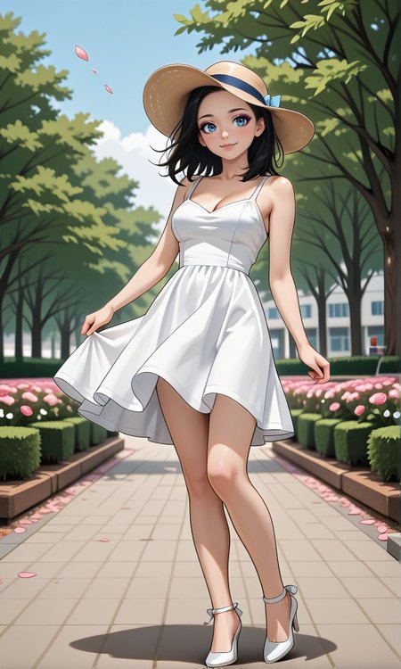 woman, summer outfit, eyeliner, in a park, flowers, floating petals, hat, cleavage, full body, heels, happy pose, bare legs, dress,, <lora:Woomy_1_IL:0.6> black hair, blue eyes, medium hair,