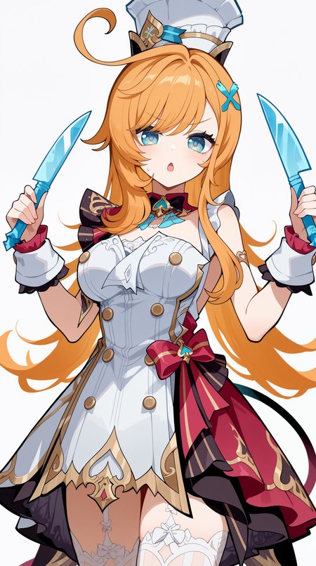masterpiece, best quality, amazing quality, aesthetic,  absurdres, best quality, 4k, upscale, white background, simple background, escoffier, 1girl, long hair, hat, blue eyes, chef hat, solo, ahoge, looking at viewer, dress, bangs, hair ornament, white dress, breasts,  open mouth, orange hair, tail, holding knife, <lora:Escoffier_IL_V3:1>