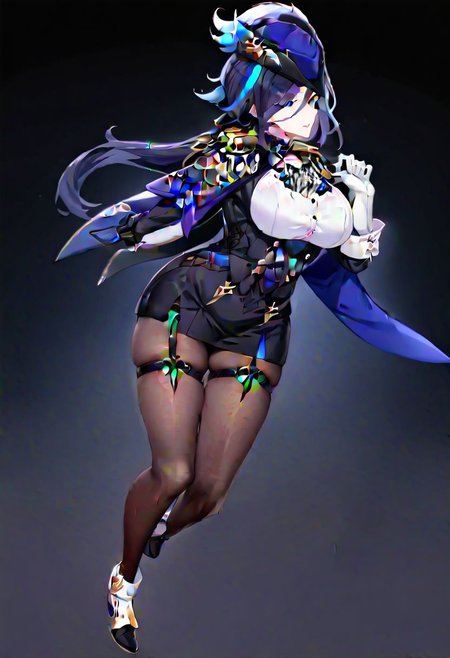 clorinde \(genshin impact\), 
white gloves, tricorne, black pantyhose, pencil skirt, black jacket, fold-over boots, ascot, thigh strap, white shirt, underbust, blue cape
masterpiece, best quality, very aesthetic, absurdres, 1milf, 1adult, solo, full_body, tachi-e,