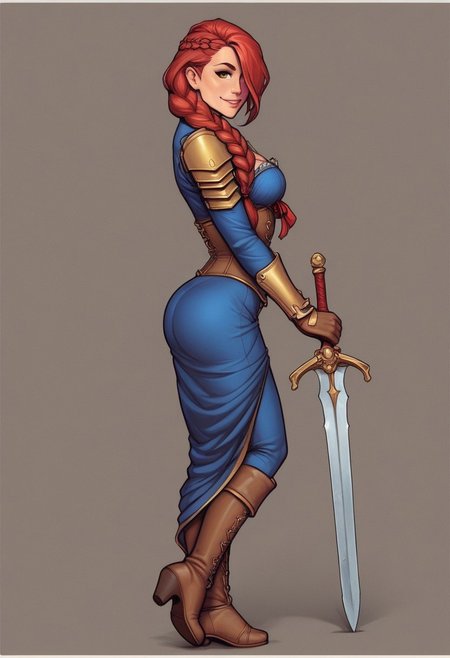 1girl, illustration, comic style, looking at viewer, highly detailed, source_comic_illustration, from front, 1girl, illustration, comic style, looking at viewer, highly detailed, source_comic_illustrationskinny, looking at viewer, 1girl, masterpiece, best quality, ((((side view)))), Her , full body portrait, 1girl, <lora:agrias-nvwls-v3:1> agrias, armor, corset, blue dress, brown gloves, weapon, cross-laced boots, looking at viewer, sidelocks, braided ponytail, yellow eyes, Romance, sci-fi, artificial intelligence, highly detailed
BREAK 
slight smile, looking at viewer, 
BREAK 
long hair, red hair, hair over one eye, big hair, 
BREAK 
best quality, depth of field, bokeh, (((full clothed)))  (best quality, high detail), ((masterpiece)), ((ready to fight, holdind big sword in hands)), <lora:1_ino_20e:1>
BREAK 
((field, farm)) score_9, score_8_up, score_7_up, score_6_up, source_cartoon, rating_explicit, Expressiveh, (((((full body))))), dynamic pose