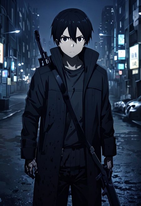 high resolution, professional photography, best quality, 1Boy, Kirigaya Kazuto, Black Hair, Black Eyes, potrait, midnight, big city, dim street lights, dirty, cold, tense, mysterious, sharp eyes, merciless, threatening, weapon, aiming the weapon at the viewer, overalldetail