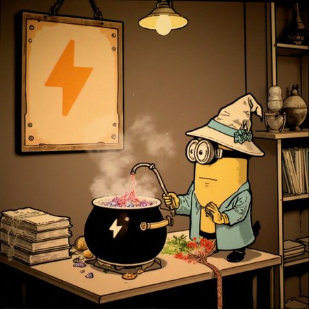 suchbuzzlogo, In a mystical laboratory, a cute yellow Minion clad in an alchemist's hat and goggles, carefully stirring a bubbling cauldron filled with glittering gemstones. Behind him, the SuchBuzzLogo, resembling a radiant lightning bolt emoji, glows brightly on a wooden plaque. Soft golden lighting illuminates the scene, reminiscent of ancient tomes and mysterious artifacts scattered about the workspace., ,suchbuzzlogo, glowing yellow logo, alchemist's lab, minion character, sparkling gemstones, bubbling cauldron, mystical atmosphere, ,<lora:Flux\BUZZ_LOGO_Flux_Lora SuchBuzzLogo.safetensors:1.0:1.0> <lora:Flux\Elektroschutz_flux_lora lktro.safetensors:1.0:1.0> <lora:Flux\CAVHS_flux_lora_v1 90s vhs footage, CAVHS.safetensors:1.0:1.0>