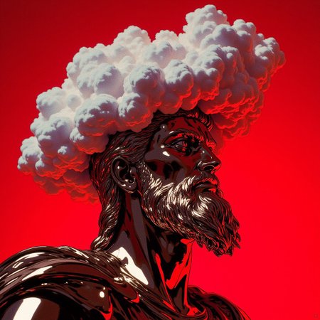 This image is a photograph with a surreal, artistic twist, featuring a classical metallic chrome statue of a bearded man, likely representing a Greek or Roman deity inspired from Michelangelo. The statue is rendered with hauntingly realistic texture and intricate chiseling, with meticulous attention to the facial features and the wavy texture of the beard, giving it a lifelike quality. The statue is set against a red, glowing film light background that accentuates the contrast, allowing the chrome silver and red tones to stand out. What makes this image striking is the surreal manipulation of the statue: the top of the statue’s head seamlessly merges with a cluster of fluffy, white milky clouds, which appear to float effortlessly above, blending into the statue’s form. The clouds are soft and voluminous, with a dreamy, ethereal quality, creating a surreal visual illusion as if the clouds are rising directly from the statue’s head. Soft, directional lighting casts subtle shadows that emphasize the statue’s contours and the texture of the chrome. The overall mood of the photograph is contemplative and enigmatic, blending timeless classical art with a modern, surreal twist. The photograph captures a striking fusion of beauty and conceptual innovation, making it both visually captivating and thought-provoking.