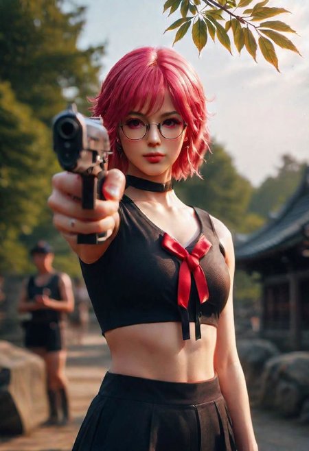 Nhywell3, glasses, (crop top:1.5), dramatic lighting, maehwa trees, light trays, (sun beams), (falling red petals:2.0), high quality face, shorts, beautiful, cute face, ((pink hair)), realistic face, realistic, 4k, photography, realistic, raw photo, photorealism, feudal japan, (holding a pistol), beautiful girl, martial arts, blue eyes, exploding petals, ((blooming)), ((blossom)), (midriff), ((fighting)), action, ((maehwa)), sunset, (cleavage:1.5), (big tits:1.5), golden hour, pointing pistol
