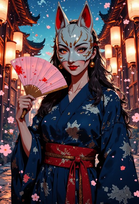 A mesmerizing woman stands in a twilight shrine garden, her identity concealed behind an exquisite kitsune mask that covers only the upper half of her face. The mask is crafted from polished porcelain with intricate red and gold accents, its pointed fox ears extending upward. Delicate whisker patterns and cunning, almond-shaped eye holes allow her piercing amber eyes to gaze through with hypnotic intensity.
Below the mask, her exposed lower face reveals full, rouge-tinted lips curved into a knowing smile that balances between invitation and mystery. Her long, raven-black hair cascades down in silken waves, adorned with small golden bells and crimson ribbon ties that chime softly with her subtle movements.
She wears a modern interpretation of traditional Japanese attire – a loose-fitting silk kimono in deep midnight blue with silver fox silhouettes embroidered throughout, deliberately draped to expose one smooth shoulder. The garment is belted with an ornate obi in crimson and gold, tied unconventionally low on her hips. Her posture is confidently poised, one hand elegantly extended toward the viewer while the other holds a traditional folding fan against her collarbone.
The atmosphere around her seems charged with supernatural energy – cherry blossom petals swirl unnaturally in the air despite the absence of wind, and paper lanterns in the background emit an otherworldly glow that casts her partly in shadow, partly in warm light.