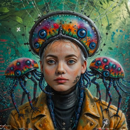 score_9,score_8_up,score_7_up,al_pt, acrylic paint (medium),surreal,colorful, wild, abstract,portrait, animal focus, no human,TheWeirdies, by Emmanuel de Critz and (Alfred Stevens:1.1) , painting, High exposure of a Aggressive muscular Palauan (baby Millipede:1.3) Jazz Musician, being looked at by a couple of Mystical animals, classicism, historical, detailed, narrative, it is wearing a Trench coat, The Grunge clothing is Dreamlike and has Circles adornments on it, Supernatural Chilean dark rainbow Scouter, at Golden hour, in focus, Lustful, Weirdcore, loop lighting