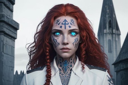 bright red hair, human female, (feminine:1.7), (beautiful face, detailed face:1.6), (beautiful eyes, detailed eyes:1.7), (looking at viewer, eye contact, intense:1.6), (long hair, red hair, curly hair:1.3), , ((masterpiece, best quality, high resolution, realistic, best quality,)), photo realistic, Perfect Face, (detailed face). <lora:GoodHands-vanilla:0.6> <lora:add-detail-xl:0.8>, mage, (Dress White military uniform coat), dagger, rune dagger, glowing runes, , (((glowing magic symbols tattoos, religious tattoos))), ((face tattoos)), glowing tattoos, stone tower in the background