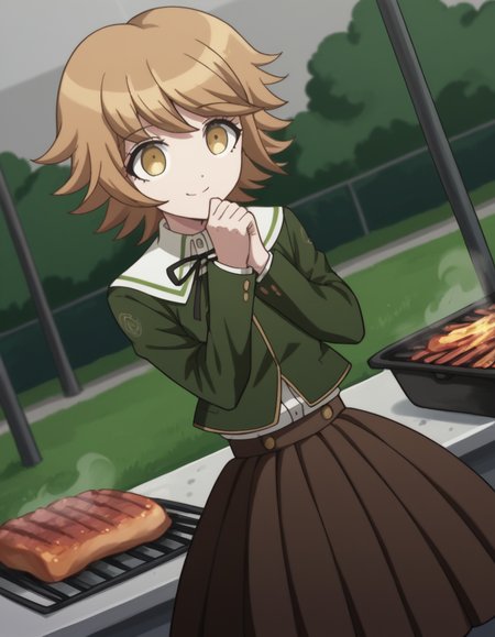 score_9, score_8_up, score_7_up, source_anime, <lora:chihiro-fujisaki-s1-ponyxl-lora-nochekaiser:1>, chihiro fujisaki, short hair, bangs, brown hair, brown eyes, male focus, otoko no ko,, skirt, shirt, long sleeves, ribbon, school uniform, jacket, pleated skirt, black ribbon, neck ribbon, brown skirt, green jacket,, backyard, barbecue, grilling, laughter, summer evening, smile, , hand resting on chin, solo,, cowboy shot, dutch angle