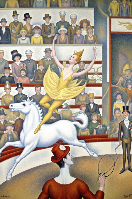 geoseu1 pointillist painting.
A lively circus scene set in a circus arena, with a ringmaster in the foreground on the right, wearing a red hat and a red coat, holding a whip and looking towards the performers. The acrobat, dressed in a bright yellow tutu and leotard is jumping on top of a white horse. The background features a tiered seating area filled with people, dressed in various period costumes from the late 19th century, seated and watching the performance. They are dressed in muted colors of browns, grays, and earth tones, blending into the background. <lora:geoseu1_cap_d6a3e12:1.0><lora:821039172790927809:0>