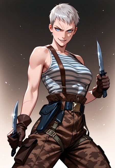 masterpiece, best quality, detailed, realistic, cowboy shot,  smirk, 1girl, solo, olgamgs, very short hair, grey hair, diagonal scar on face, blue eyes, breasts, striped tank top, high-waist pants, brown camouflage pants, suspenders, gloves, belt, holster, holding knife, fighting stance,