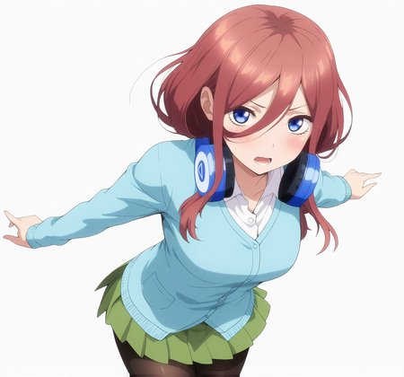 masterpiece, high quality, high res, absurd res, ultra high quality,
<lora:Miku_Nakano_Illustrious_v57:1>, M1kuNakan0_Illu, 1girl, (solo:1.3), brown-red_hair, hair_over_eye, long_hair, bangs, dark-blue_eyes, headphones, (triangle_logo:1.1), light_blue_shirt, blushing, green_miniskirt, tights,  medium_breasts, cowboy shot, standing, looking at viewer, white background, simple background