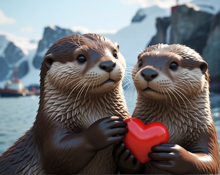 (animal:(Otter:1.24)),  (mood: (Fearful:1.41), Wide-open eyes, furrowed brow, slightly open mouth) , ,  (location:(harbor:0.86) Pokemon, (Kanto Region,Vermilion City:1.24) (antarctica:1.29)), (Valentines Day:1.25), (romantic scene:1.3), showing (love:1.2) and (affection:1.15), too many hearts(epic:1.2), trending on artstation, (high quality:1.2), (masterpiece:1.2), high details, incredibly absurdres, colorful), (apocalyptic:1.33) (mystical:1.27) (traditional:0.74),,,,, , (top_down:1.29)