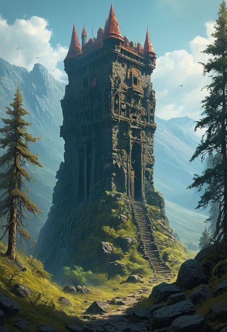 <lora:TheWeirdies_epoch_10:0.78>  
score_9, score_8_up, score_7_up, score_6_up
Durlag's Tower was a large tower that was said to be haunted by a powerful entity, as well as one that housed immeasurable treasure. The fortress was located south of the Wood of Sharp Teeth, a couple of miles from the small settlement of Gullykin. The tower was built entirely of volcanic stone and was in fair condition given the amount of time and neglect involved. It laid atop a volcanic plug that dominated the surrounding lands. Durlag Trollkiller, aided by hired dwarves, was said to have hollowed out the mountain for the rock that made up his tower and used the space created to hide further treasure. This local landmark was the isolated keep of Durlag Trollkiller, son of Bolhur the Clanless, a dwarven hero said to have amassed a large quantity of treasure and stored it here and in a few other locations. This treasure was protected by all manner of magical wards and mechanical traps, the latter of Durlag's own devising. Many adventurers sought his treasure over the decades, with varying degrees of success. Around 1372 DR, rumors said a fiend had taken up residence within the remains of the tower and used the defenses created by Durlag to keep both itself and the treasure safe. Some claimed that this creature was a lich.
no humans
((Durlag's Tower, large tower, haunted, fortress, dark woods surround, built of volcanic stone, mountain, dark))
<lora:add-detail-xl:1>