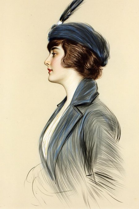 paulcesarhelleu1 illustration. 
A woman in side profile, wearing a dark blue hat with a feather and a matching
blue coat over a white blouse. She has shoulder length dark brown wavy hair.
 <lora:paulcesarhelleu1_cap_d6a3e11:1.0><lora:844385051643744981:0>
