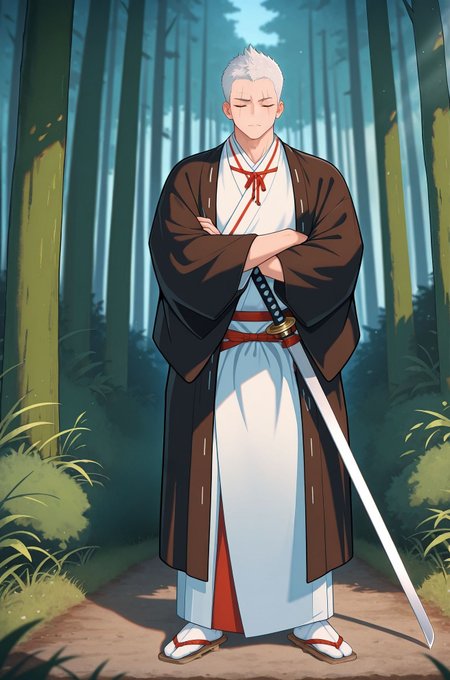 masterpiece,best quality,amazing quality,very aesthetic,absurdres,newest, huge filesize,
<lora:spo_sdxl_10ep_4k-data_lora_webui:0.5>,
<lora:add-detail-xl:1>
Japan medieval ,  outdoors, forest, 
full body, standing, 
<lora:jigokuraku_V1:1>j_V1,
1boy,male focus,weapon, crossed arms, 
japanese clothes,scar,solo,scar on face,sword,
holding,holding weapon,short hair,
holding sword,kimono,
katana,closed eyes,
haori,scar across eye,
closed mouth,
upper body,
sheath,j_sion,