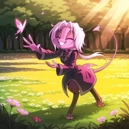 score_9, score_8_up, score_7_up,namah_calah,
1girl,solo,furry,tail, source_furry,horns,
 ,<lora:namah_calah_illustrious:0.8>,
child, kid, 
butterfly, reaching out, outdoors, spring, flowers, smiling, gentle breeze, warm colors, soft shading, dreamy, nature, stands in a flower-filled meadow, reaching out with both hands to gently catch a butterfly. Her expression is full of wonder as the tiny creature flutters just beyond her grasp, bathed in soft sunlight
