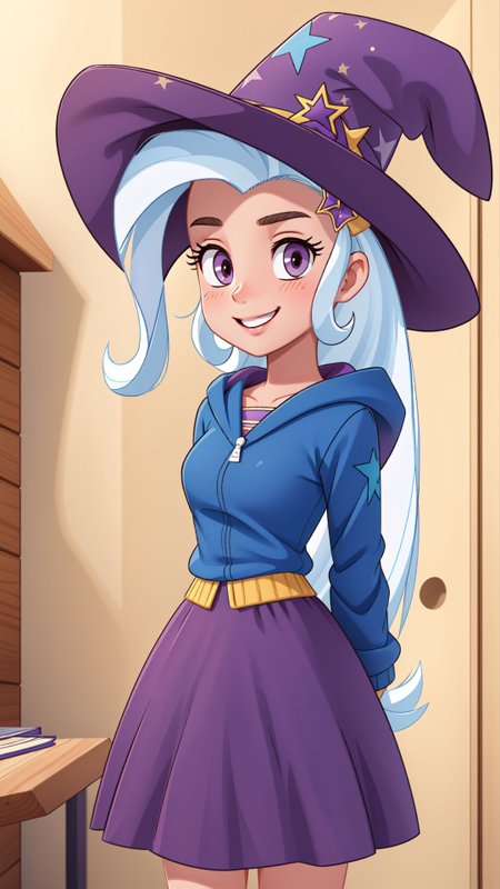(masterpiece, best quality:1.2),<lora:mlp_trixie-10:1>,cowboy shot,solo,1girl,mlptrixie,colored skin,blue skin,smile,looking at viewer,arms behind back,star hair ornament,witch hat,blue hoodie,purple skirt,