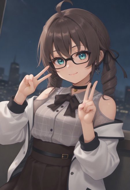 1girl, solo, solo focus, highres, absurdres, MatsuriMineGirl, brown hair, bangs, grey shirt, ahoge, twintails, black ribbon, black choker, hair between eyes, hair ribbon, brown skirt, shoulder cutout, collared shirt, flower earrings, black bowtie, blue eyes, white jacket, see-through sleeves, lace sleeves, plaid shirt, high-waist skirt, puffy short sleeves, medium hair, open jacket, small breasts, long sleeves, drill hair, black-framed eyewear, braid,
looking at viewer, evil smile, closed mouth, head tilt, double v,
indoor, cityscape, neon lights, window, dark, night, night sky, 
light particles, backlighting, shade, light rays, lens flare, shiny skin, fine fabric emphasis,
