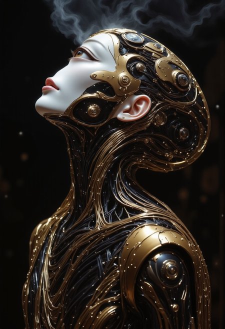 impressionist classical-style painting of a highly detailed, fantasy scene with a dramatic, robotic aesthetic. The central figure is a female robot. Her head and body are made of shiny and smooth metal with multi-colored, exposed wiring going down her neck creating an organic mosaic pattern. She is a biomechanical robot with Chrome Skinned and there are wires jacked into her face. Her cyclops eye is an intense silver color with light silver eyeshadow, and her lips are a rich, deep silver color. There is a missing panel on her cheek. A spot light focuses on her from above. She is bald and is blending in with the dark, smoky, nighttime background. She is facing you and looking up into the sky intensely. The overall impression is one of dramatic beauty, with an almost otherworldly quality.  (((ultra-realistic style))), realistic soft lighting, dark, eye-catching, atmospheric lighting, natural, shallow depth of field, (highlights: 0.8), high detail (dynamic, cinematic shot, film grain, bokeh, depth of field,
