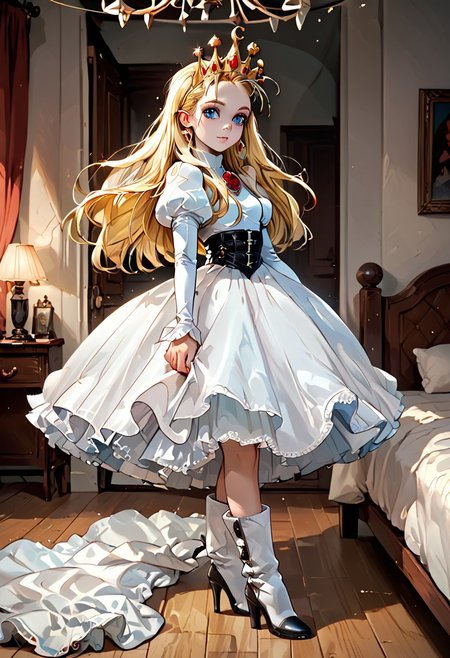 score_9, score_8_up, score_7_up, score_6_up, BREAK,uncensored, bedroom ,1girl, devilotte, long blonde hair, hair slicked back, crown, blue eyes,white dress, puffy juliet sleeves, high heel boots,