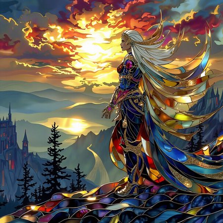 A noble warrior princess clad in iridescent armor stands atop a crystal-studded mountain peak, her gaze distant yet fierce. Her armor, encrusted with rubies and delicate celestial engravings, catches the light of dawn, casting a faint rainbow glow around her. Her long, pure white hair flows in the wind, and the silhouette of her dragon companion is set against  the setting sun. The sky above is a swirl of dawn colors—dark orange, red, and midnight blue—illuminating a distant kingdom that stretches out below, veiled in mist.