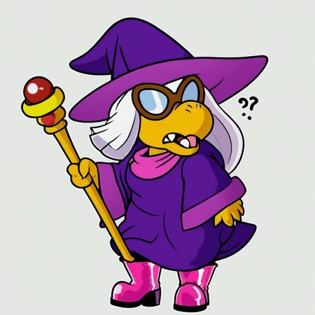 female,
<cartoon:1.5>,
<2d:1.5>,
kammy_koopa, granny_koopa, transparent background, solo, hat, witch hat,purple hat, purple robe, purple headwear, full body, white hair,  witch hat, holding, 1girl, wide sleeves, staff,boots,
<lora:Kammy_Koopa_Paper_Mario_Pony_SDXL:1> kammy_koopa <lora:90s4n1m3XLP:1> 90s4n1m3, dumb,
confused,
teeth,
tongue out,