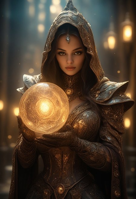 Detailed, highly-detailed,  female figure, ggnt breasts, huge breasts, ancient, metallic armor,  gold and bronze tones,  reflective surface,  holographic,  gloved hands,  holding luminous crystal orb,  inner flames, intricate patterns,  hood,  serious expression,  focused gaze,  magical, fantasy art,  dark, mystical atmosphere,  soft, warm lighting,  glowing ambiance,  ancient city background,  glowing,  soft bokeh light sources,  high detail, cinematic lighting,  hyperrealistic,  statuesque,  realistic,  stylized fantasy,  epic,  fantasy epic.Dark Fantasy page,hkmagic,novuschroma60 style bokeh,