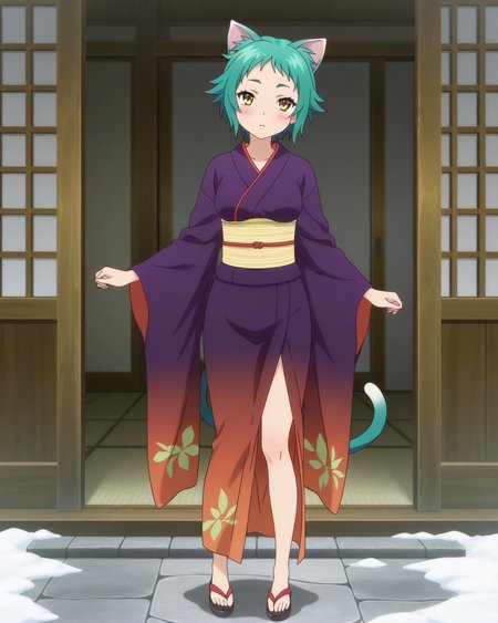 (kimono:1.50), 
ys-yaya, green hair, short hair, yellow eyes, 
1girl, (solo:1.60), skinny,
(masterpiece, best quality, amazing quality, absurdres, high quality, highres, masterpiece), 
blush,
full body
,
(:1.20), 
BREAK,
winter,
,
(anime coloring),
medium breasts,
cat ears, cat tail
<lora:ys-yaya-V01-illXL:0.80>