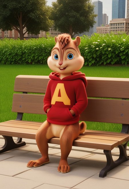 Score_9, score_8_up, score_7_up, source_furry, Alvin Seville, chipmunk, chipmunk male, furry male, furry, 3d, render, movie screencap, blue eyes, red hoodie, barefoot, tail, hands in pockets, New York, City, Manhattan, Central Park, grass, trees, sitting on park bench, looking at viewer, <lora:Alvin _Seville __Alvin_and_the_Chipmunks__CG_Movie_version:0.8>
