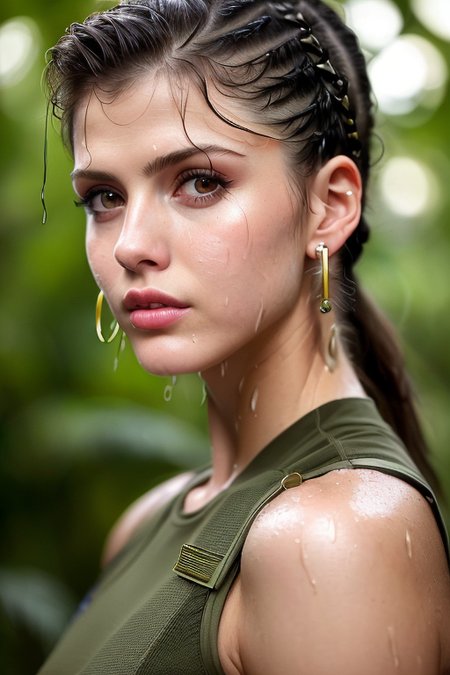 raw photo, portrait of (emaciated:1.3) female jungle commando (Alexandra Daddario:1.3), , (sideshaved:1.35), , (earrings, spikes, , :1.2), (wet:1.2), (U.S. military gear:1.3) dark, gritty, gloomy, militaristic, (looking_at_viewer:1.3), solo, rainy, , (pained expression:1.1), (about to sneeze:1.2), (grimace:1.0), (pleasure face:1.0), ,  dramatic lightning, (jungle background:1.2), , highly detailed, masterpiece, best quality, 8k, (realistic skin, cell-shaded:1.3), sharp_focus, SFW, 
(high detailed skin:1.2), 8k uhd, dslr, soft lighting, high quality, film grain, Fujifilm XT3