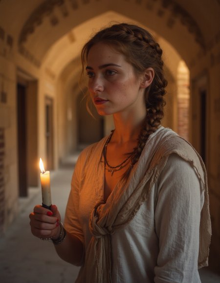 a fitness woman,Side braid,Ginger hair,extreme wide shot,Bhangarh Fort India,(detailed masterpiece intricate details award winning lots of details),Kodak Ektar 100,Candle light,<lora:real-lora:1>