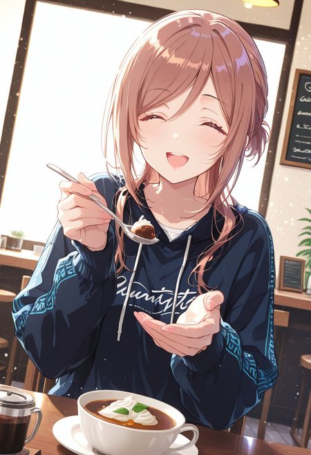 1girl, solo, gakumas, rinami, incoming food, feeding, holding spoon, happy, pov, cafe, BREAK styling pose, fashion pose, sexy posing, dynamic angle, manimani,simple background, bloom, soft lighting,  BREAK perfect details, masterpiece, best quality, ultra-detailed, best illustration, high resolution, extremely detailed CG, unity 8k wallpaper, super detailed skin, perfect anatomy, detailed, cinematic lighting, dynamic lighting, light particles, beautiful detailed eyes, absurdres, very aesthetic, detailed background, depth of field