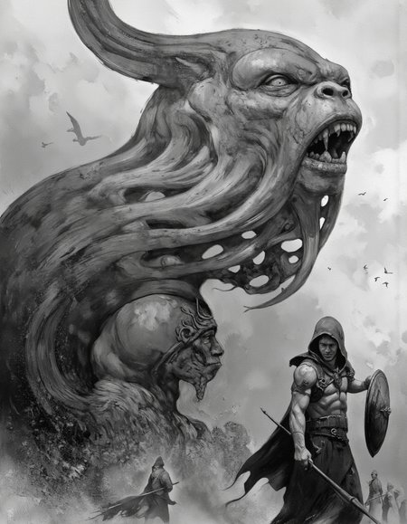 . A dramatic digital illustration shoot from below about a dark, ominous scene featuring a muscular, humanoid figure with a hooded cloak, holding a spear and shield, standing amidst a massive, tentacle-like creature with multiple tentacles extending from its base. the creature is positioned on the left side of the image, facing the viewer with a determined expression, while on the right side, a smaller figure is positioned in the middle, facing away from the viewer. the background is a cloudy sky with a few birds flying in the distance, adding to the ominous atmosphere of the scene. the image is in black and white, with a signature in the bottom left corner, adding a sense of realism to the overall composition.