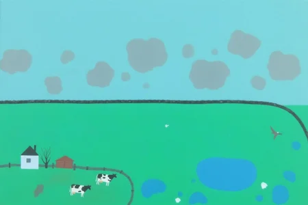 dorislee1 painting. A pastoral landscape under a cloudy sky. The background features a gradient of blue, transitioning from a lighter blue at the top to a deeper shade at the bottom, with large, dark grey clouds scattered across. In the midground, a low, dark green fence runs horizontally across the image, dividing the scene. There is a small farmhouse, two tiny cows and a pond at the bottom left corner. There is a bird flying on the right.  <lora:dorislee1_cap_d6a3:1.0><lora:834817934682689382:0>
