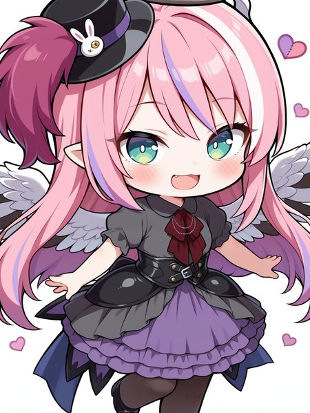 angel,chibi,ghostrick angel of mischief,1girl,solo,open mouth,stitched heart,smile,:d,blush,simple background,looking at viewer,pantyhose,white background,black layered dress,red ascot,black corset,black mini top hat,black shoes,
masterpiece,best quality,amazing quality,very aesthetic,absurdres,newest,<lora:Ghostrick Angel of Mischief illusXL v1:0.75>,