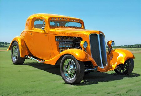 chevy coupe, car, ground vehicle, motor vehicle, vehicle focus, outdoors, no humans, day, blue sky, scenery, grass, mushi024